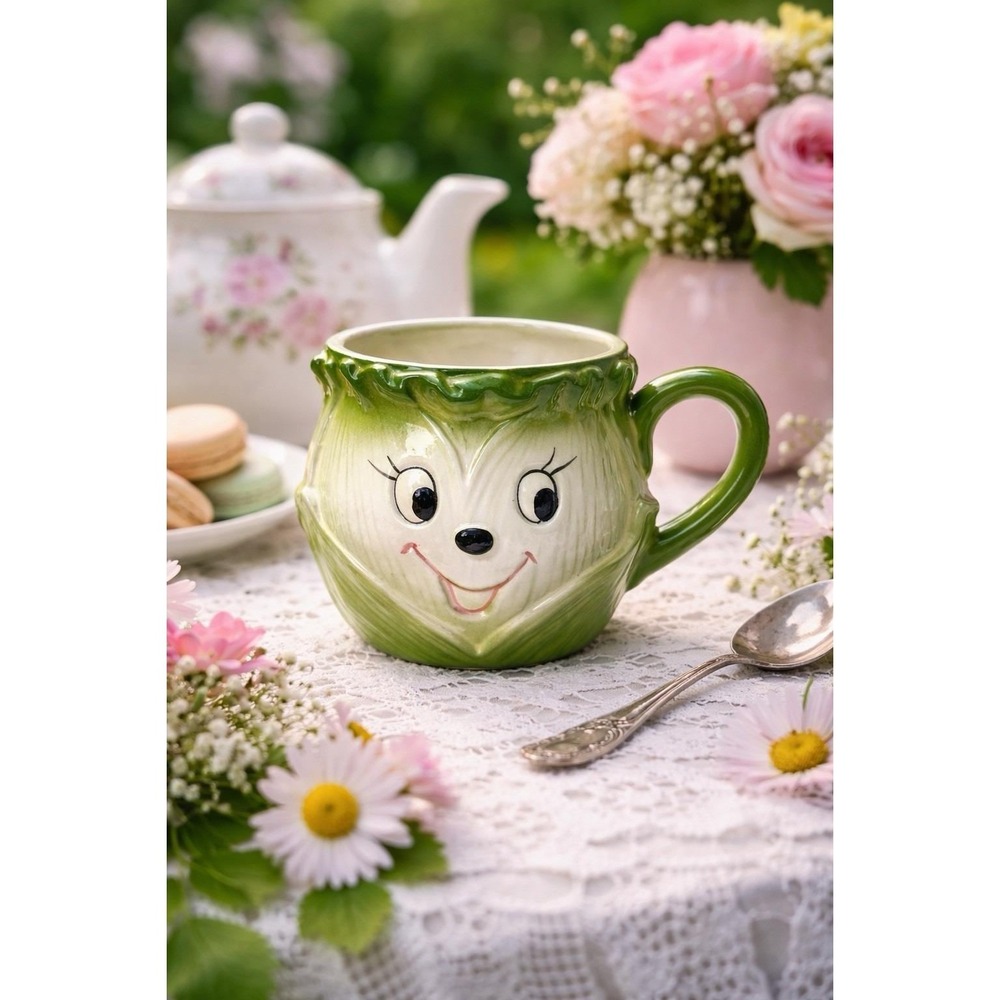 VTG Anthropomorphic Cabbage Mug Smiling Face Figural Green Lettuce Cup Japan?